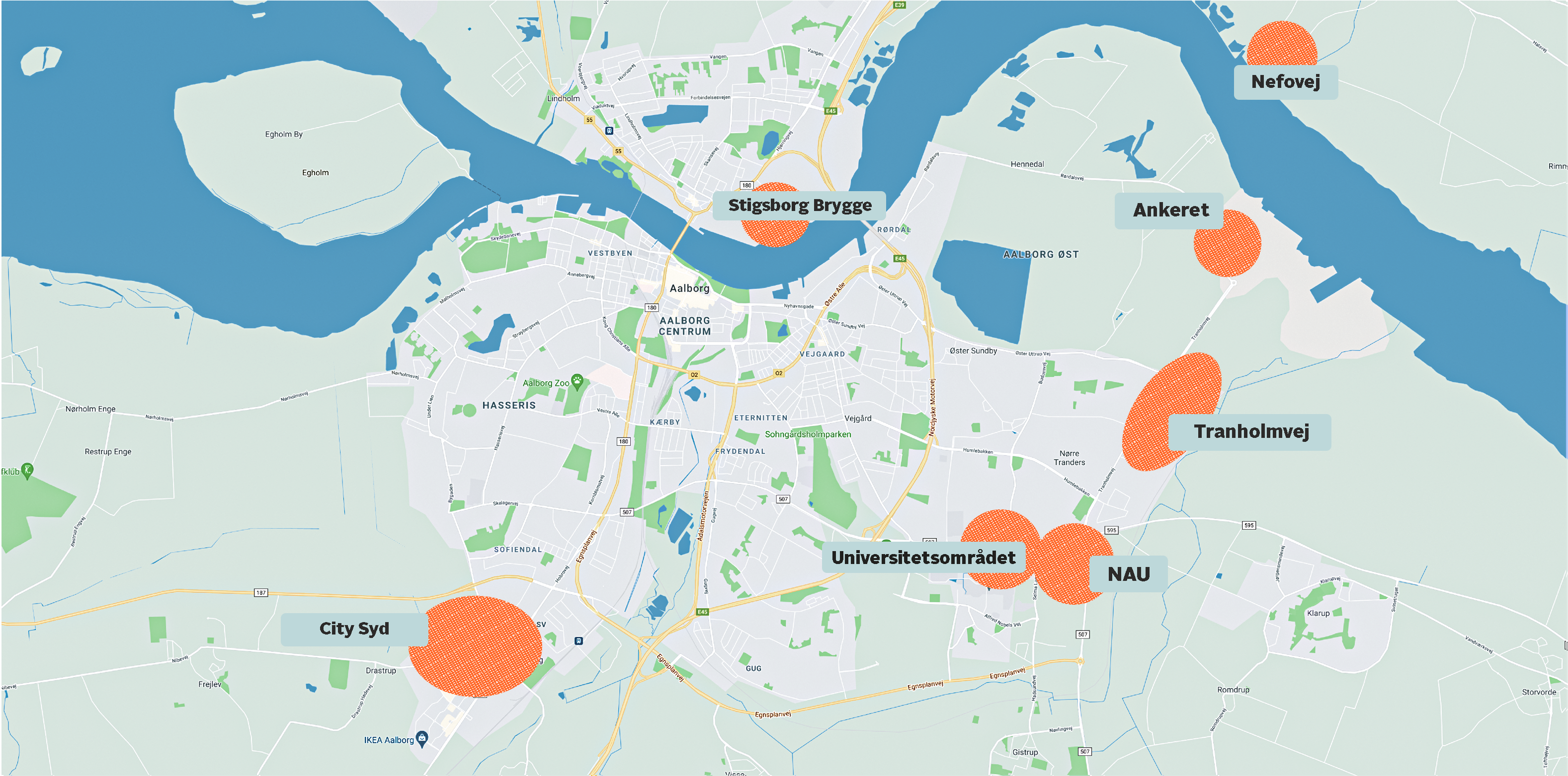 Billedet viser et kort over Aalborg, hvor Stigborgs Brygge, Ankeret, Nefovej, City Syd, Universitetsområdet og Tranholm er markeret for at illustrere, hvor Aalborg Forsyning leverer fjernkøling